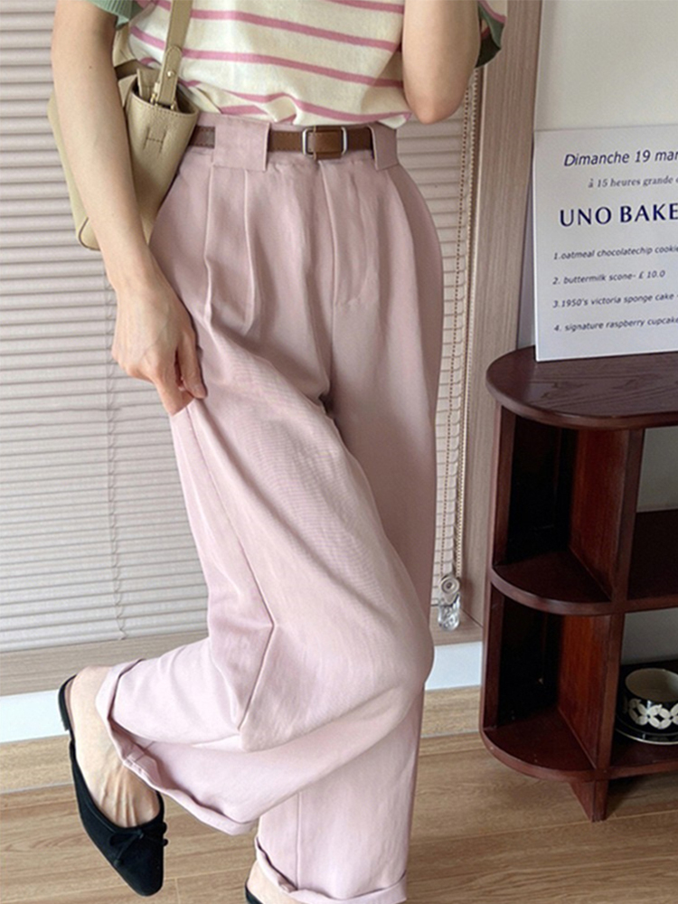 Pink High Waist Wide Leg Pants Women Spring Summer Lightweight Cotton Linen Casual Straight Trousers