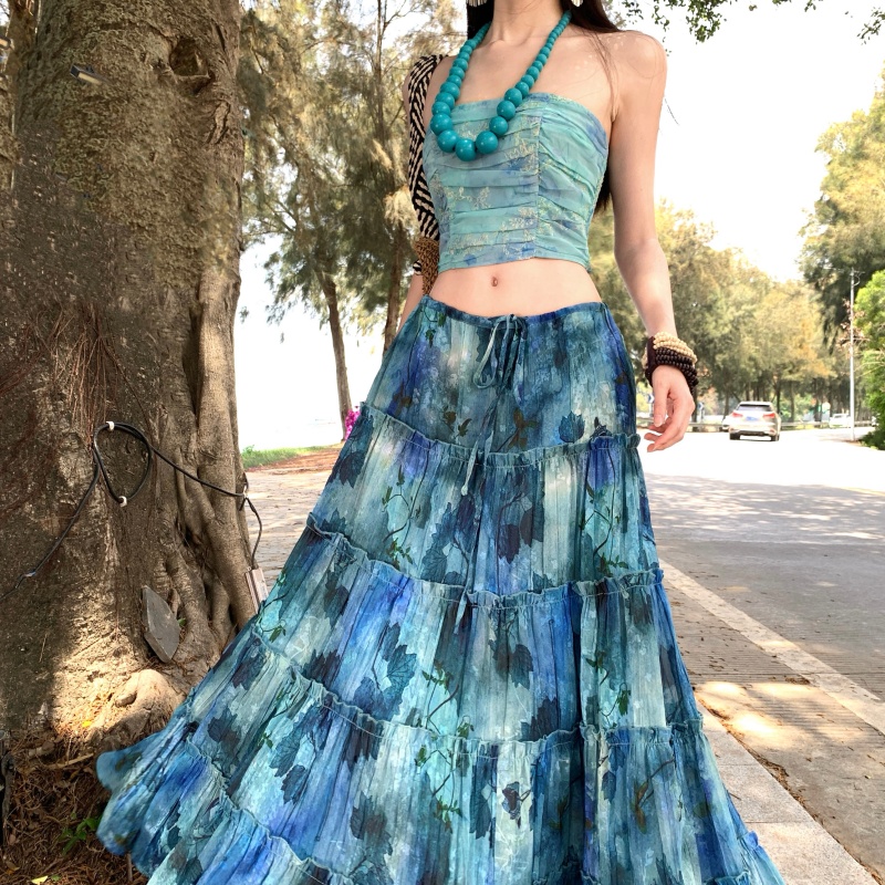 Blue Lotus Ethnic Style Ruched Tube Top and Tie-Dye Maxi Skirt Two-Piece Set - Style b5ff9c