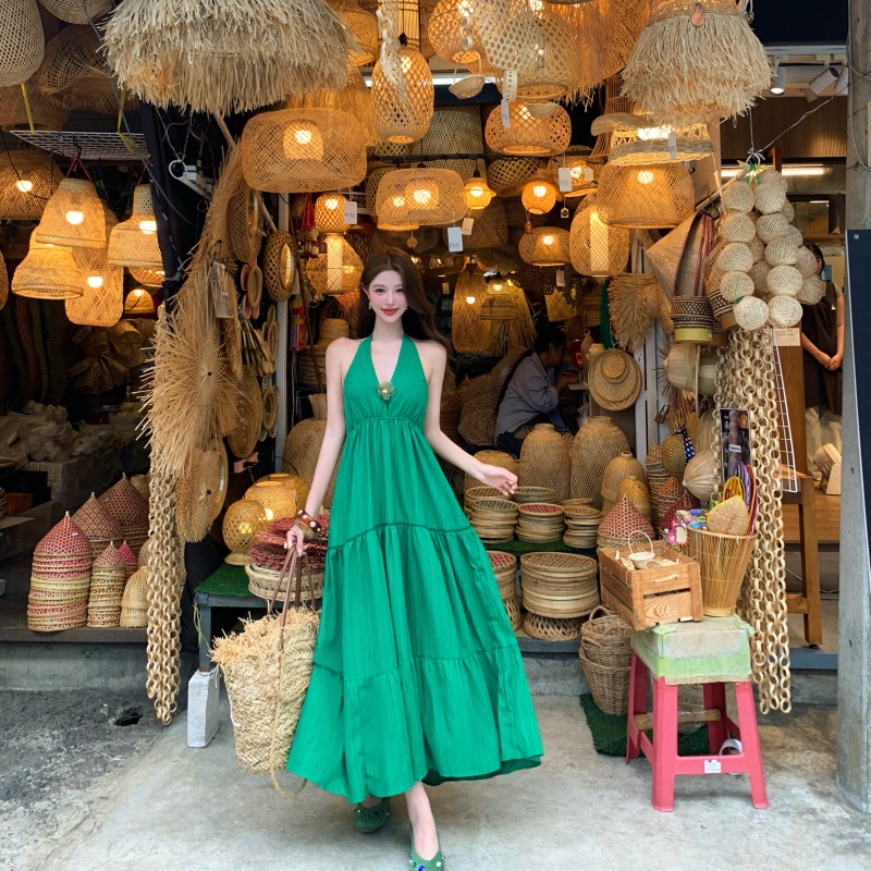 Green Textured Sleeveless V-Neck Long Dress for Women - Vacation Style