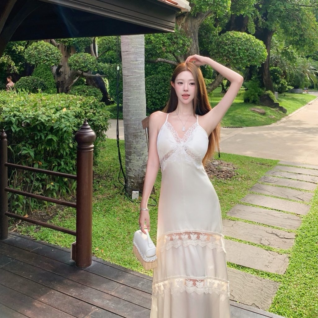 Satin Drape Spaghetti Strap Dress with Lace Panel Long Dress