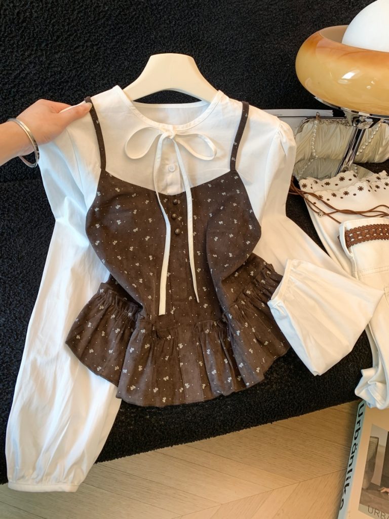 Korean Style Ruffle Trim Cami-Look Long Sleeve Shirt for Women 2026 Fall