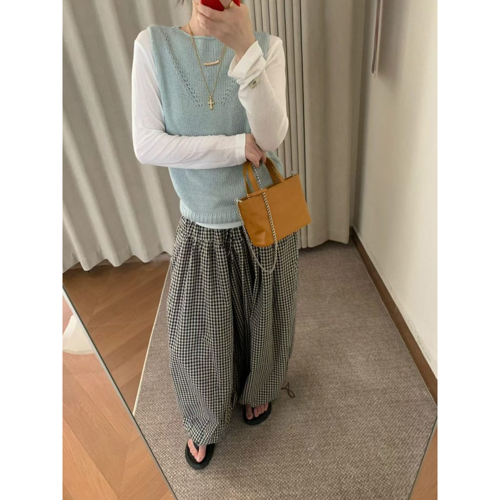 Korean Sweet Three-Piece Set: Sweater Vest, Long-Sleeve Top, Plaid Lantern Pants