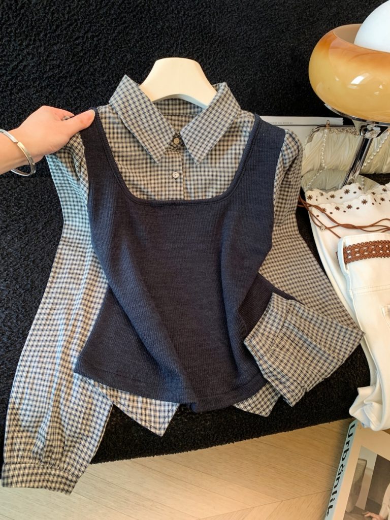 Korean Style Long Sleeve Plaid Shirt for Women Early Autumn 2026 Preppy Knit Cami Two Piece Look Blouse