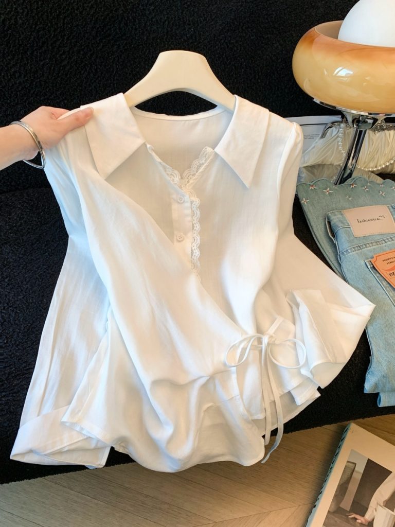 Korean Design Asymmetric Shirt 2026 Fall Lace Trim Long Sleeve Women's Top