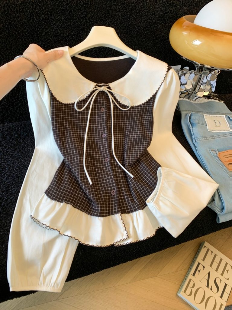 Women's Faux Two-Piece Ruffle Hem Long Sleeve Shirt 2026 Fall Doll Collar Tie Top