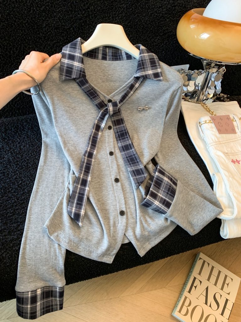 Women's Knit Shirt 2026 Early Autumn Preppy Style Plaid Faux Two-Piece Tie Top