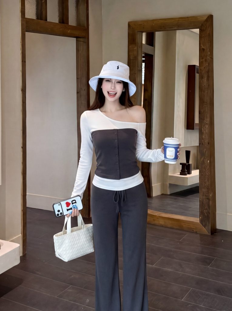 Asymmetric Off-Shoulder Two-Piece Look Colorblock Long Sleeve T-Shirt with Drawstring Gray Flared Pants Set for Women