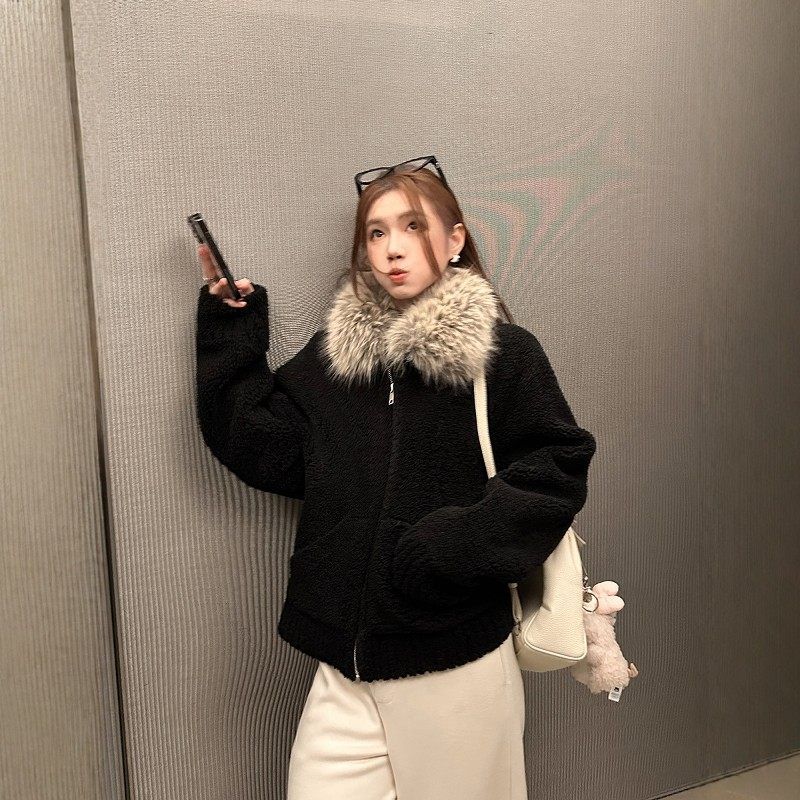 Black Faux Shearling Casual Versatile Jacket Top Early Autumn New Relaxed French Slim Fit